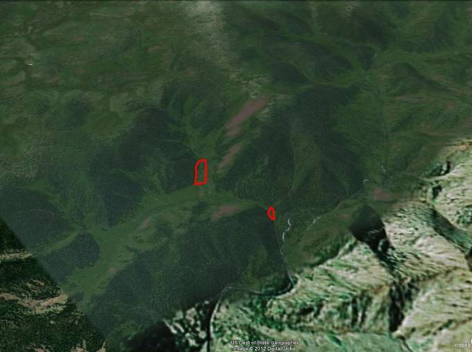 Земельные участки 1  га и 4,79 га в верховьях реки Проездная Красноярка . Схема расположения на Google Earth